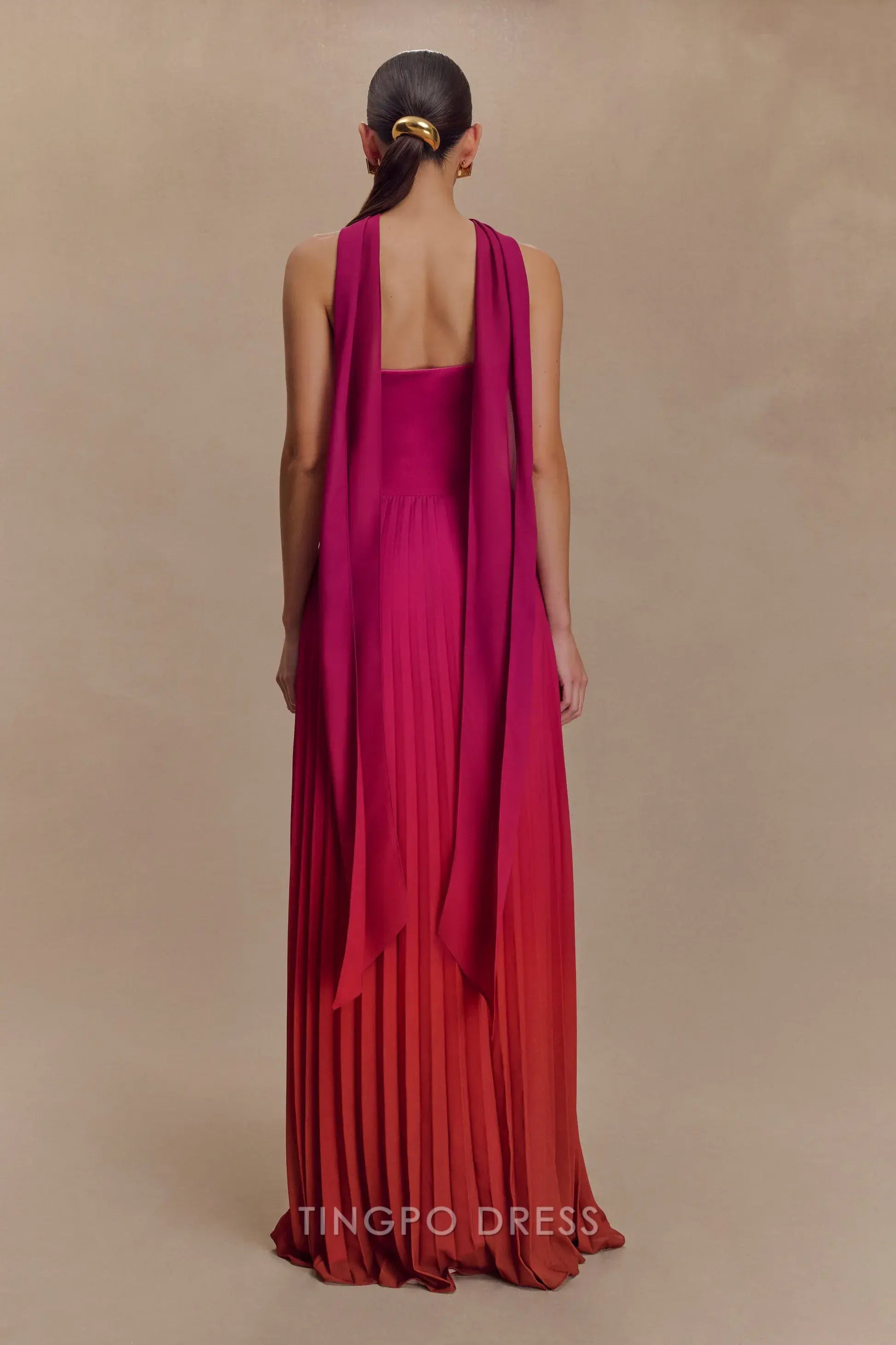 Elegant Sheath/Column Strapless Tie Neck Gradient Pleated Maxi Dress Prom Dress